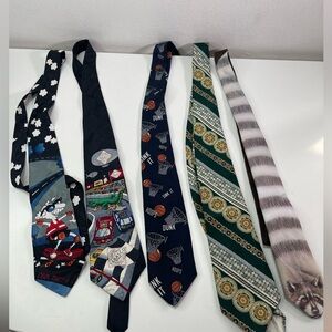 Vtg Lot 5 Novelty Neckties Sports Racoon Cool Daddy Tabasco Basketball Office